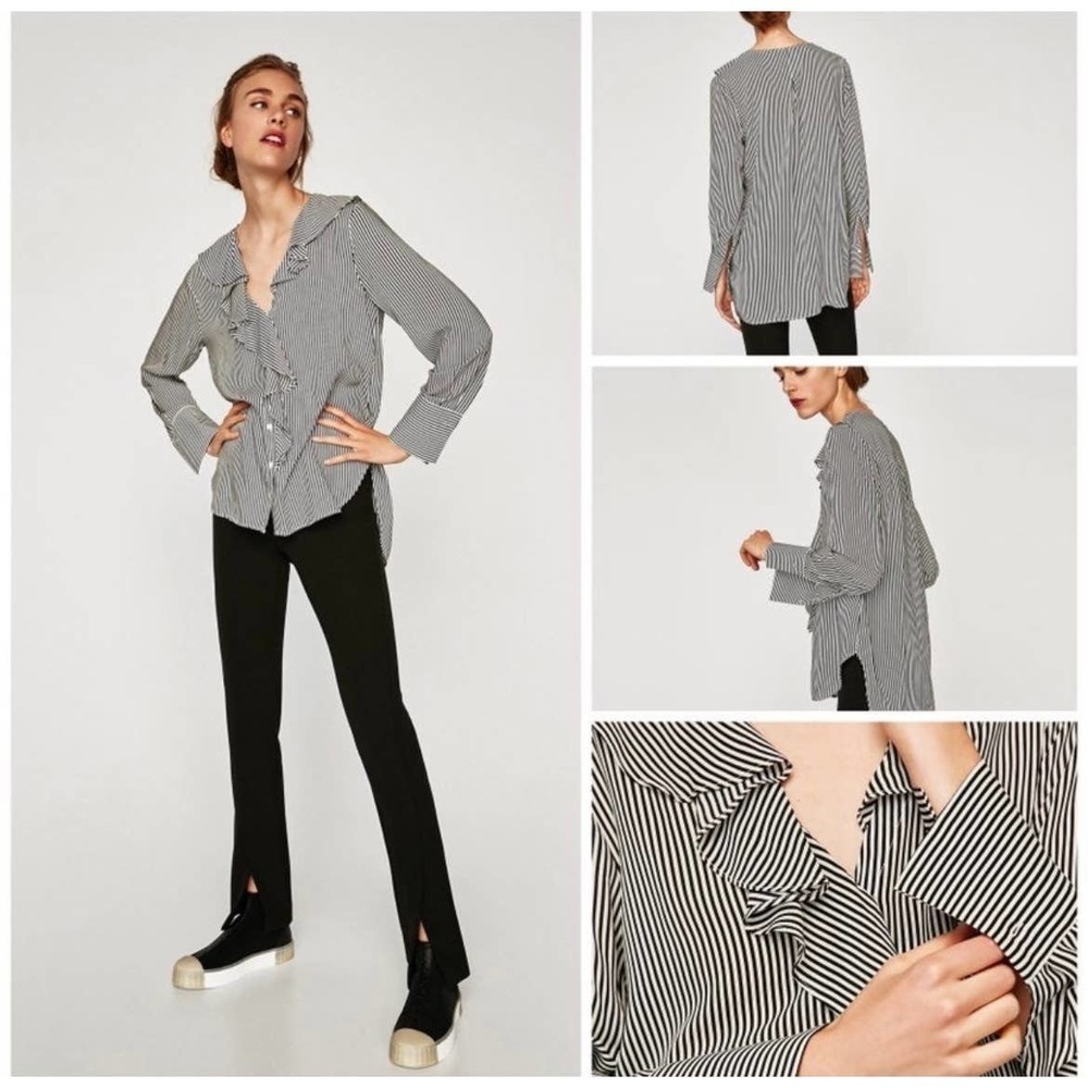 Zara Striped Ruffle Button Down Blouse Size Extra Small